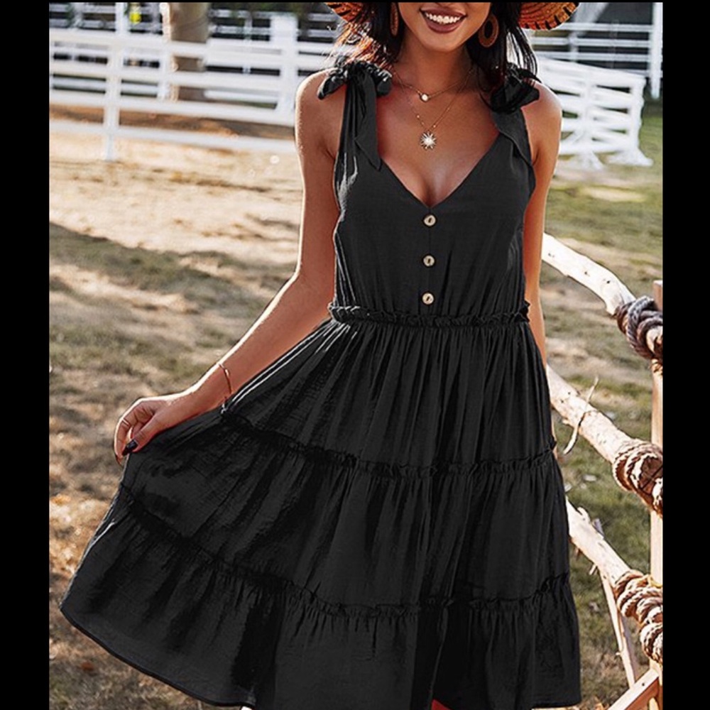 Black Tired Tie-Strap Sleeveless A-Line Dress